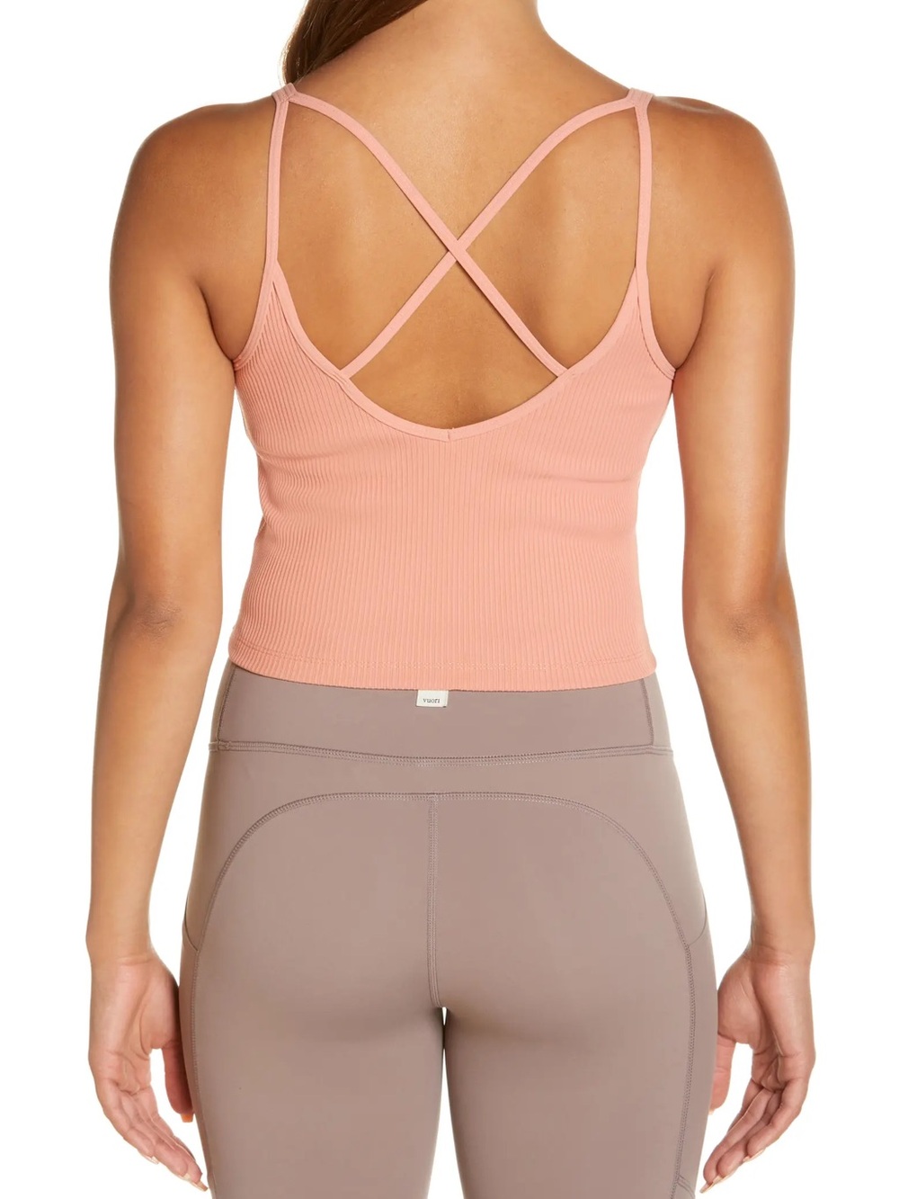 Vuori Ribbed Crop Tank Light Cinnamon Crisscross Back